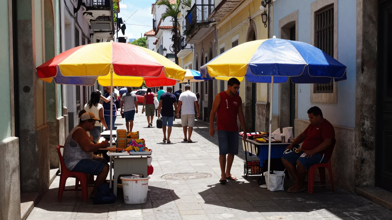 Midday Street Scene in Salvador Brazil with Umbrellas and Sunlight in in Salvador, Brazil