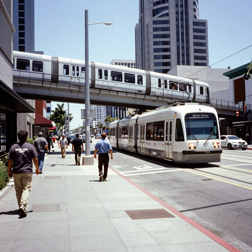 Midday Street Scene in San Diego California with Monorail and Urban Life in in San Diego, California, United States