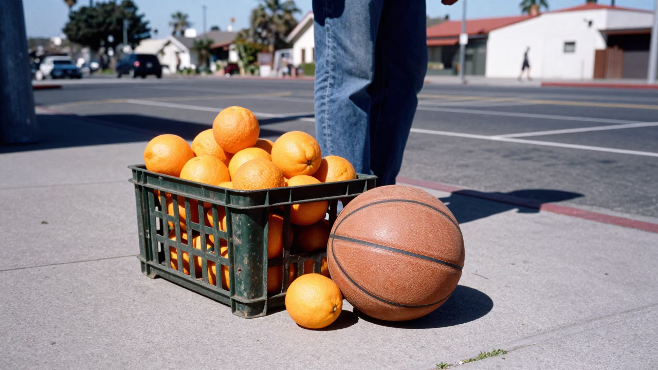 Midday Street Scene in San Diego California with Oranges and Vintage Basketball in in San Diego, California, United States