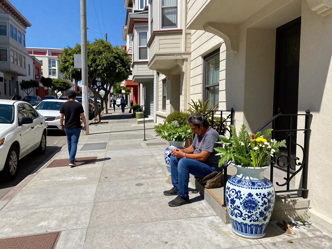 Midday Street Scene in San Francisco California with Blue and White Porcelain Jar in in San Francisco, California, United States