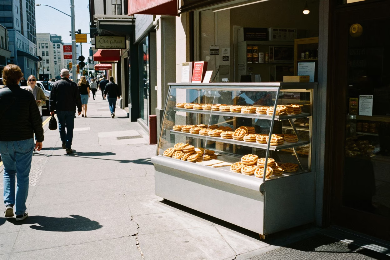 Midday Street Scene in San Francisco California with Local Bakery Display and Urban Details in in San Francisco, California, United States