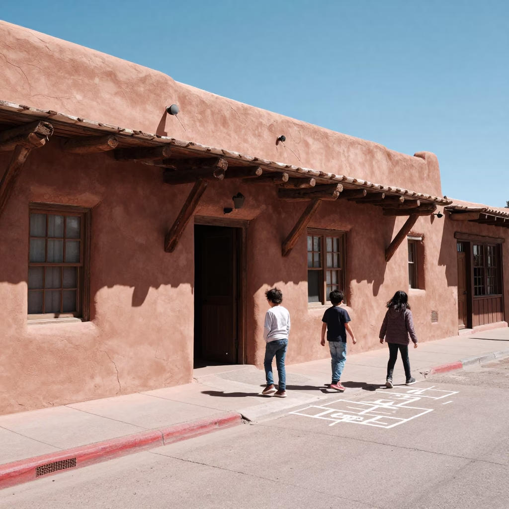 Midday Street Scene in Santa Fe New Mexico with Adobe Architecture and Local Activity in in Santa Fe, New Mexico, United States