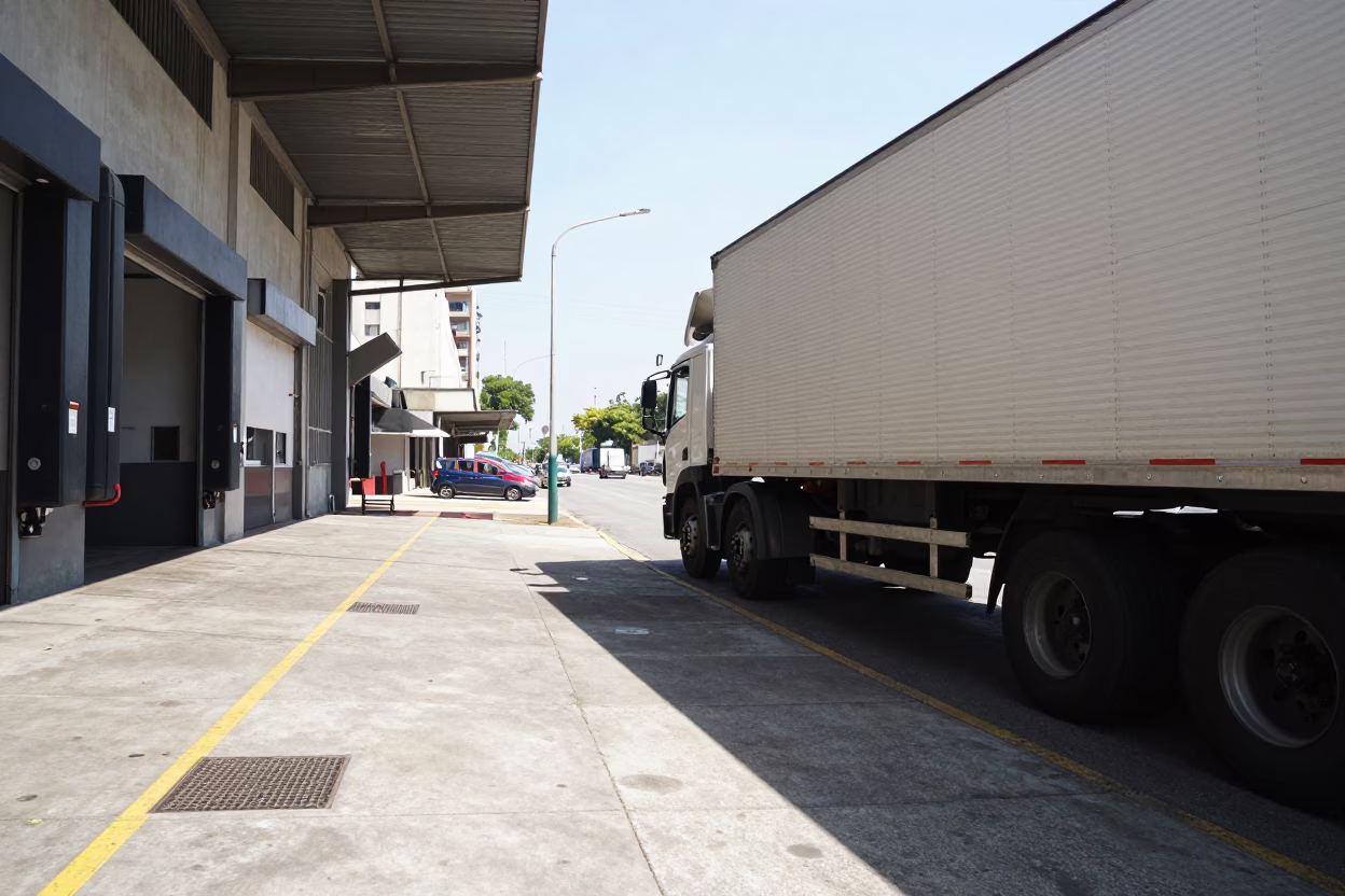 Midday Street Scene in São Paulo Brazil with Loading Dock and Semi Trailer in in São Paulo, Brazil