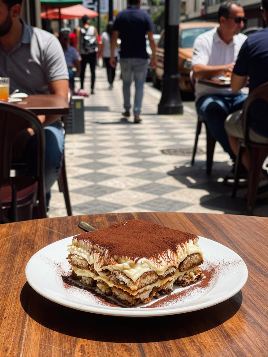 Midday Street Scene in São Paulo Brazil with Plate of Tiramisu in in São Paulo, Brazil