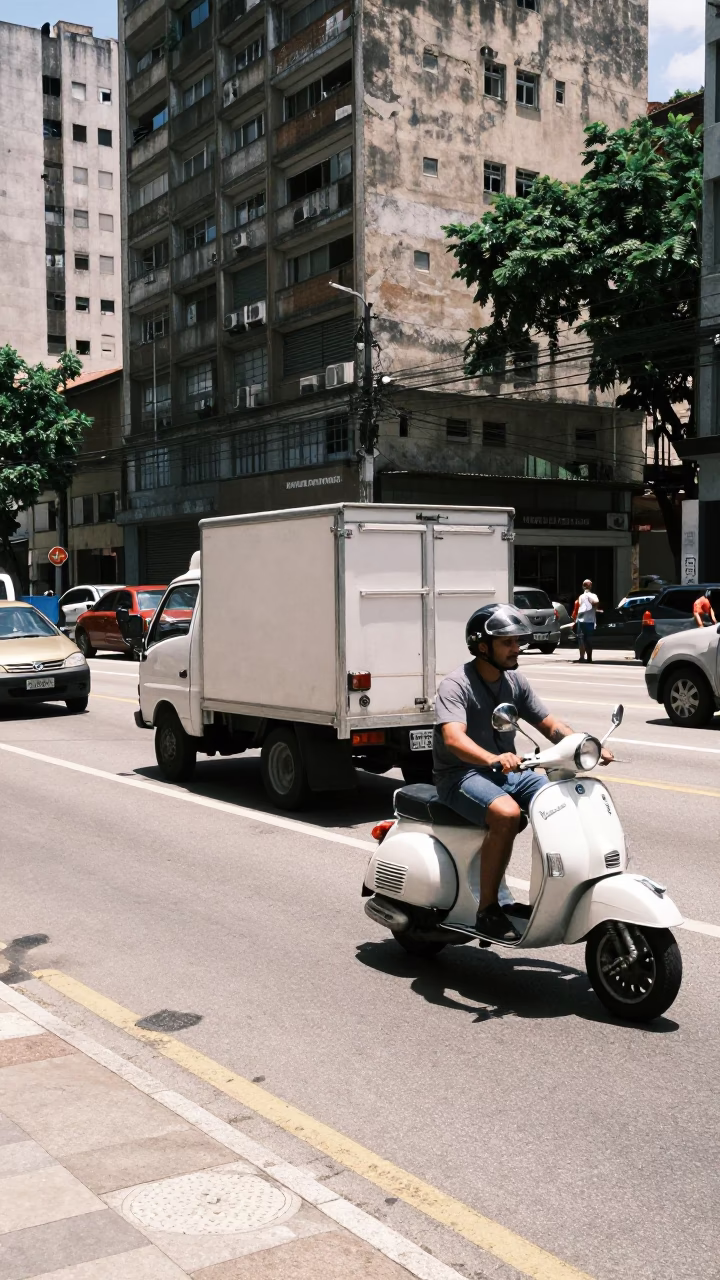 Midday Street Scene in São Paulo Brazil with Watermelon Truck and Vintage Vespa in in São Paulo, Brazil