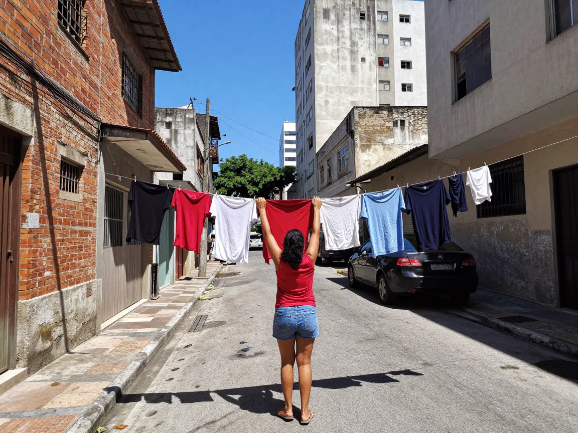 Midday Street Scene in São Paulo Brazil with Woman Hanging Laundry Between Buildings in in São Paulo, Brazil