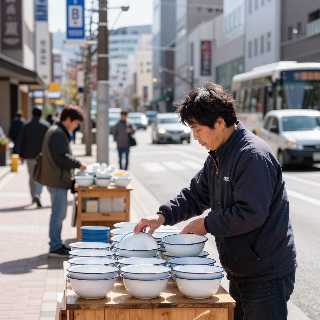 Midday Street Scene in Sapporo Japan with Enamel Bowls and Urban Details in in Sapporo, Japan