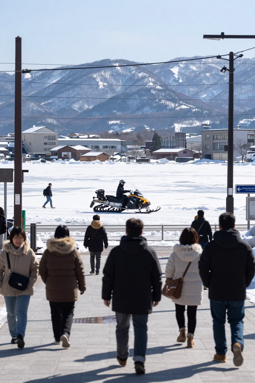 Midday street scene in Sapporo Japan with snowmobile and local pedestrians in in Sapporo, Japan
