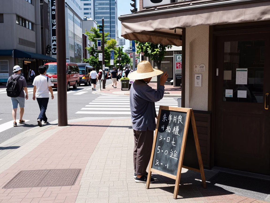 Midday Street Scene in Sapporo Japan with Straw Hat and Chalkboard in in Sapporo, Japan