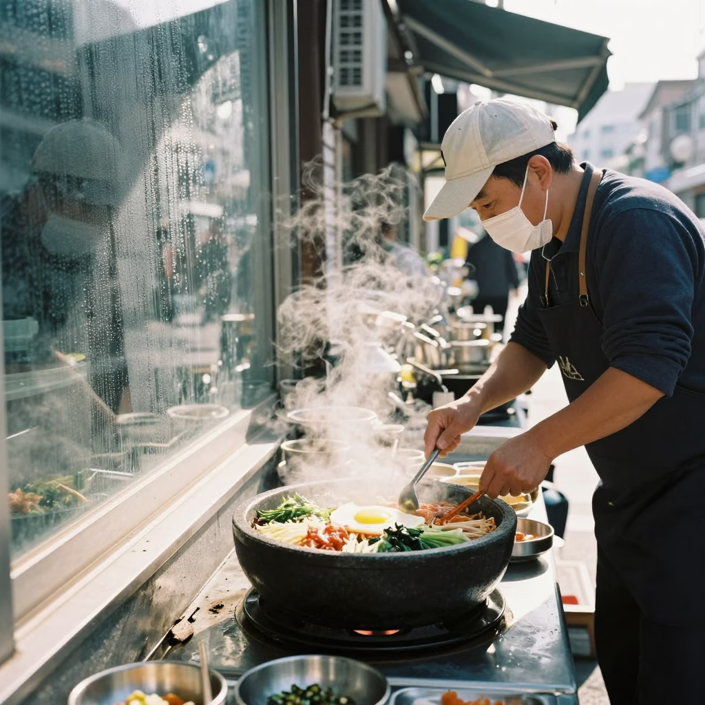 Midday Street Scene in Seoul South Korea with Stone Bowl and Condensation in in Seoul, South Korea