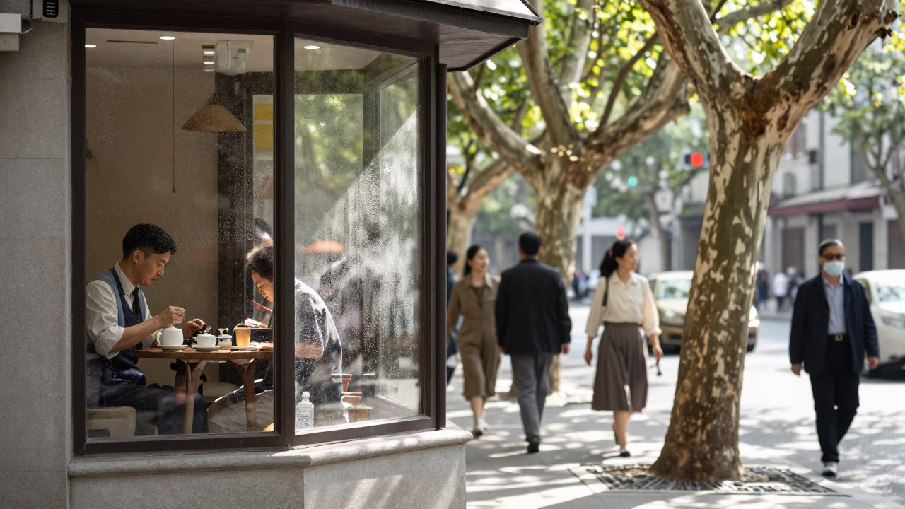 Midday Street Scene in Shanghai China with Fig Tree and Condensation in in Shanghai, China