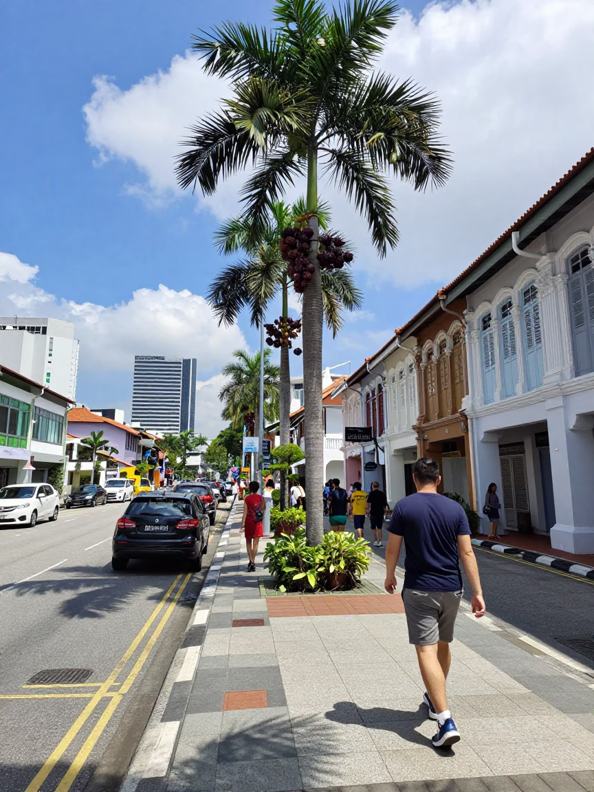 Midday Street Scene in Singapore With Açaí Palm Clusters and Urban Greenery in in Singapore, Singapore