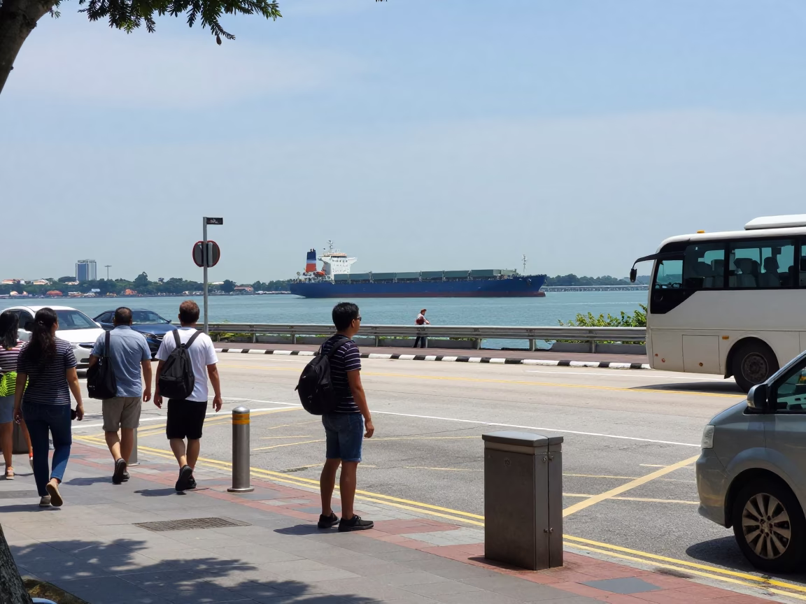 Midday street scene in Singapore with cargo ship horizon and local vendor interaction in in Singapore, Singapore