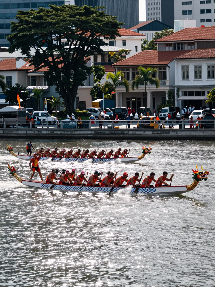Midday Street Scene in Singapore with Dragon Boat Team Racing on River in in Singapore, Singapore