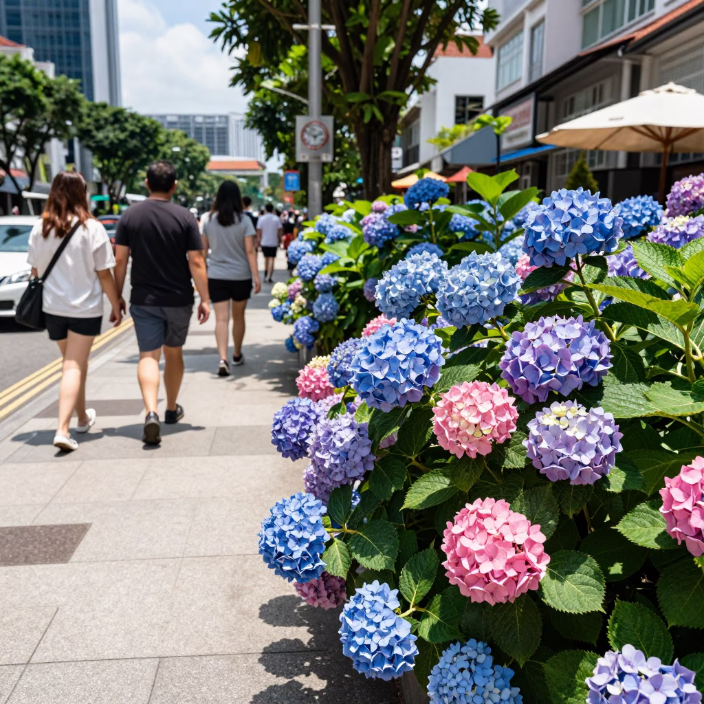 Midday Street Scene in Singapore with Hydrangea Bush and Jade Plant Bonsai in in Singapore, Singapore