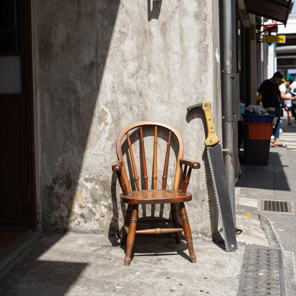 Midday Street Scene in Singapore with Spindle Chair and Hacksaw in in Singapore, Singapore