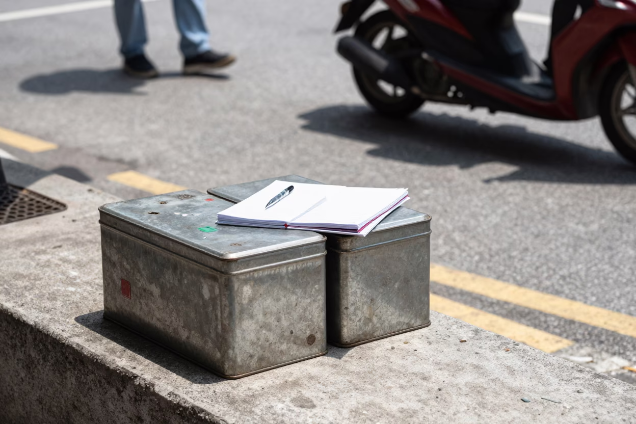 Midday Street Scene in Singapore with Tin Box and Writing Brushes in in Singapore, Singapore