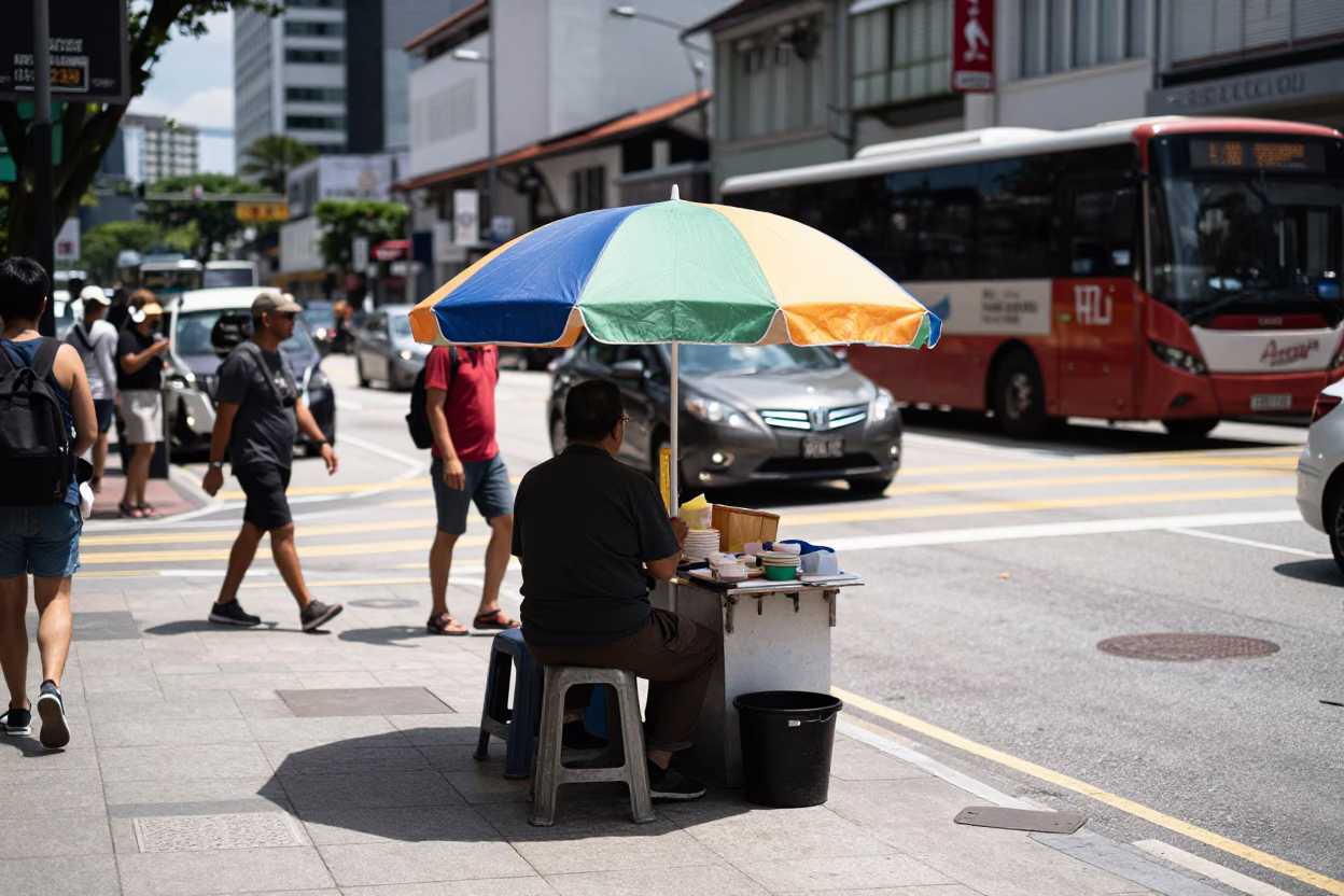 Midday Street Scene in Singapore with Umbrella Vendor and Urban Background in in Singapore, Singapore