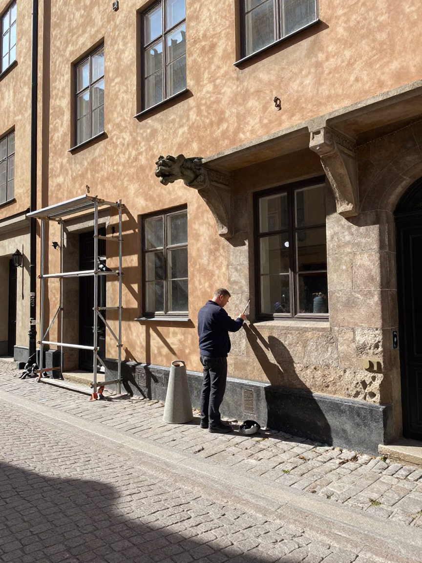 Midday Street Scene in Stockholm Sweden with Stone Mason and Scaffolding in in Stockholm, Sweden