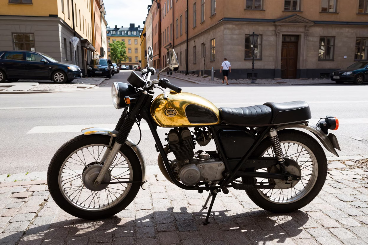 Midday Street Scene in Stockholm Sweden with Vintage Motorcycle and Urban Architecture in in Stockholm, Sweden