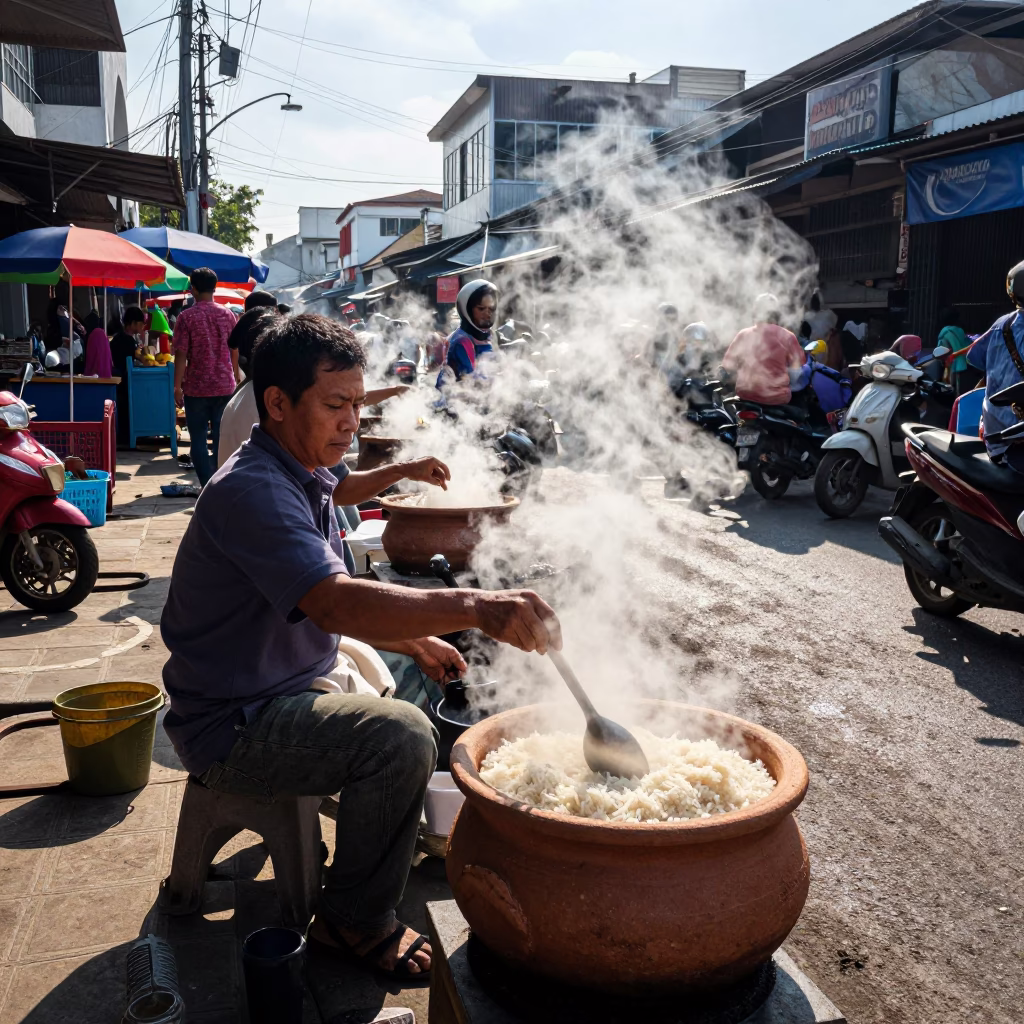 Midday Street Scene in Surabaya Indonesia with Clay Pot Rice and Local Market Activity in in Surabaya, Indonesia
