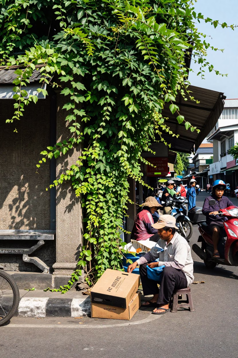 Midday Street Scene in Surabaya Indonesia with Vine and Shoebox in in Surabaya, Indonesia