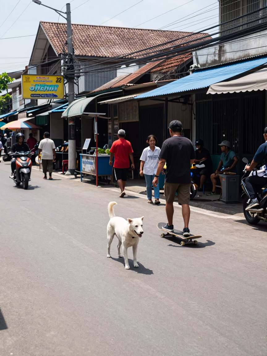 Midday Street Scene in Surabaya Indonesia with White Dog and Skateboard in in Surabaya, Indonesia