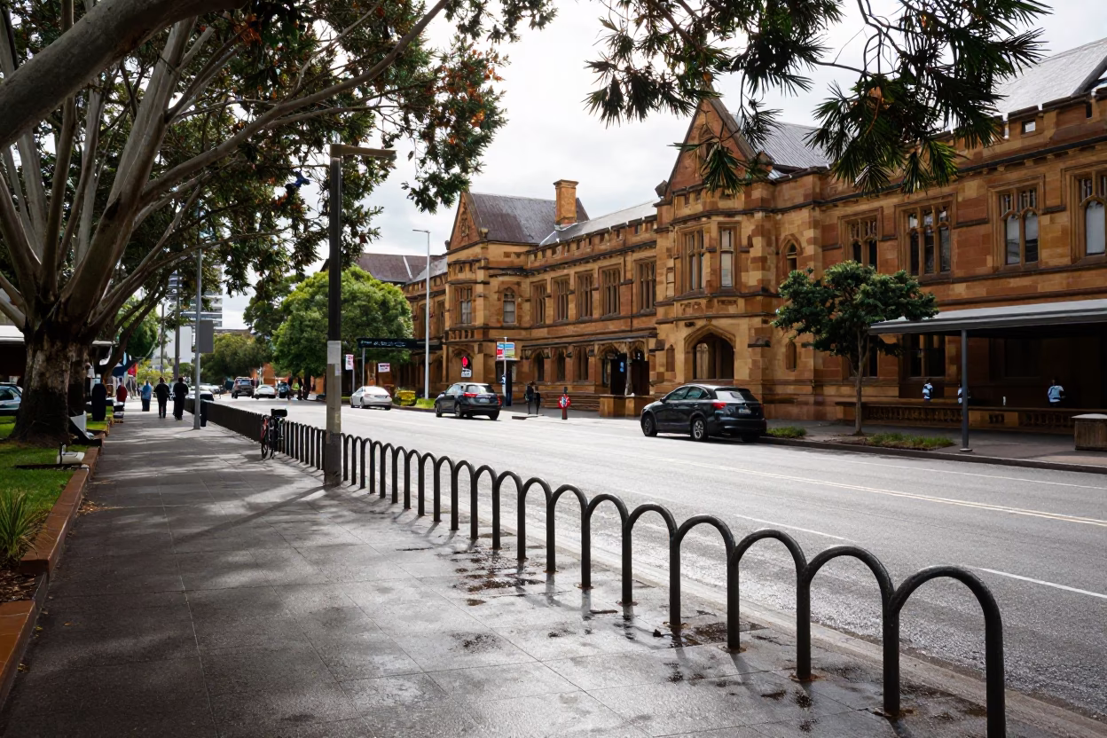 Midday Street Scene in Sydney NSW Featuring Copper Beech and University Archway in in Sydney, New South Wales, Australia