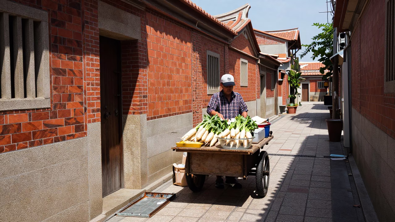 Midday Street Scene in Tainan Taiwan with Dented Metal Rim and Clear Glass Basin in in Tainan, Taiwan
