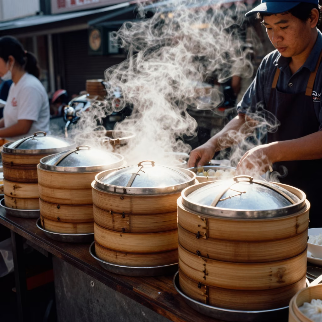 Midday Street Scene in Tainan Taiwan with Dim Sum and Bamboo Holder in in Tainan, Taiwan