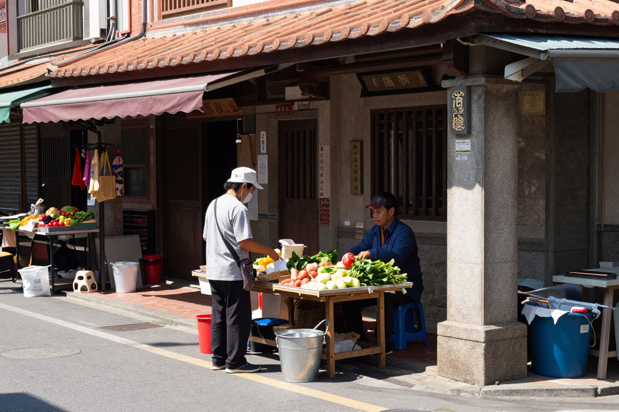 Midday Street Scene in Tainan Taiwan with Metal Bucket and Local Market Activity in in Tainan, Taiwan