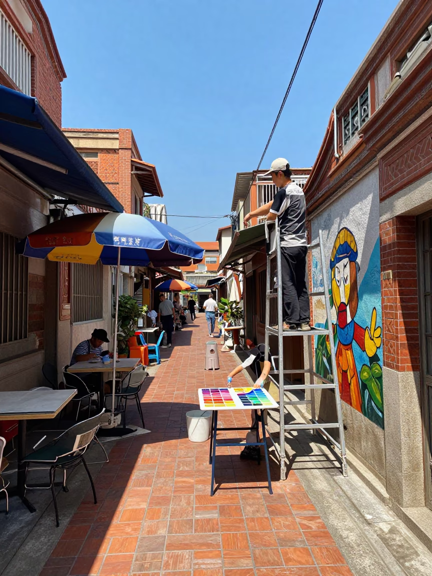 Midday Street Scene in Tainan Taiwan with Muralist Scaffold and Umbrellas in in Tainan, Taiwan