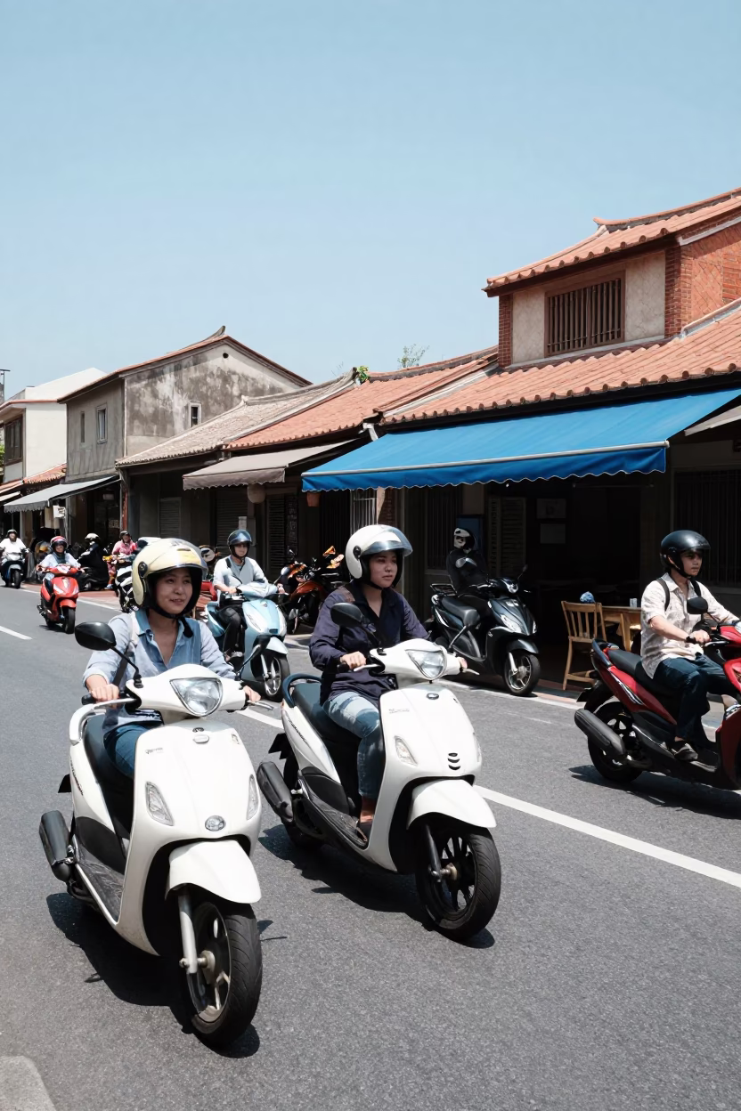 Midday Street Scene in Tainan Taiwan with Scooter Traffic and Traditional Shop Facades in in Tainan, Taiwan