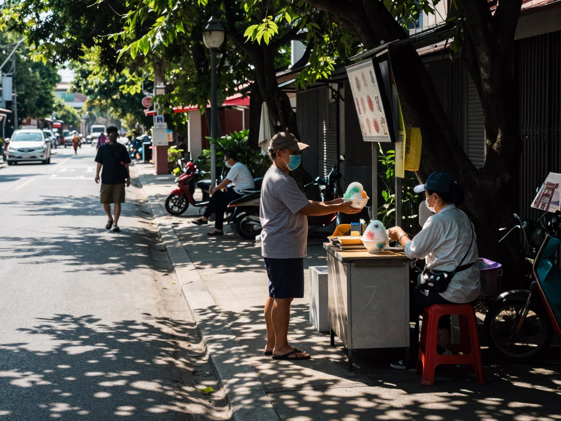 Midday Street Scene in Tainan Taiwan with Shaved Ice Bowl and Local Vendor Interaction in in Tainan, Taiwan