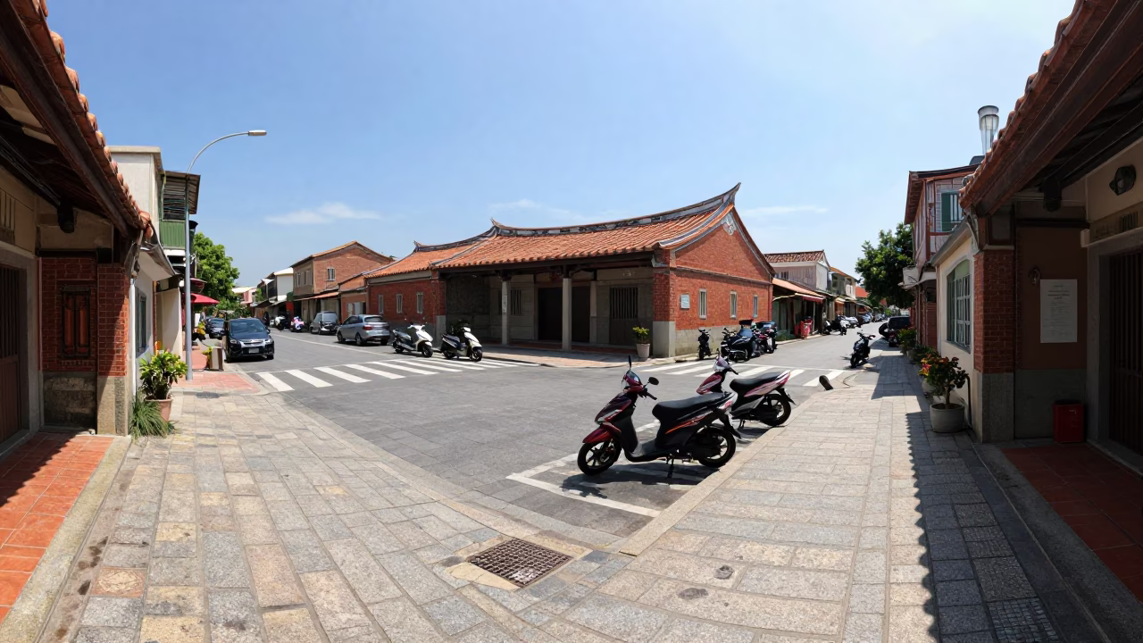 Midday Street Scene in Tainan Taiwan with Traditional Architecture and Local Life in in Tainan, Taiwan