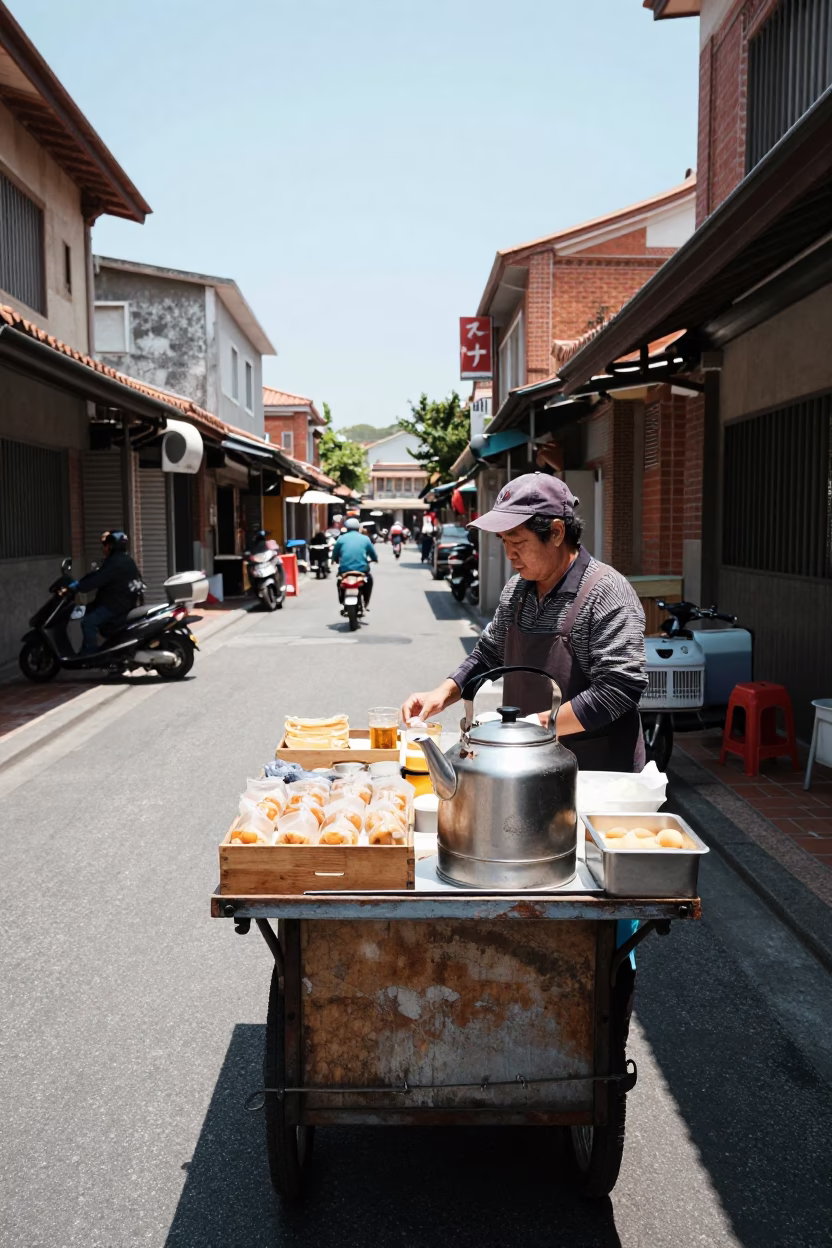 Midday Street Scene in Tainan Taiwan with Traditional Food Vendor and Stone Architecture in in Tainan, Taiwan