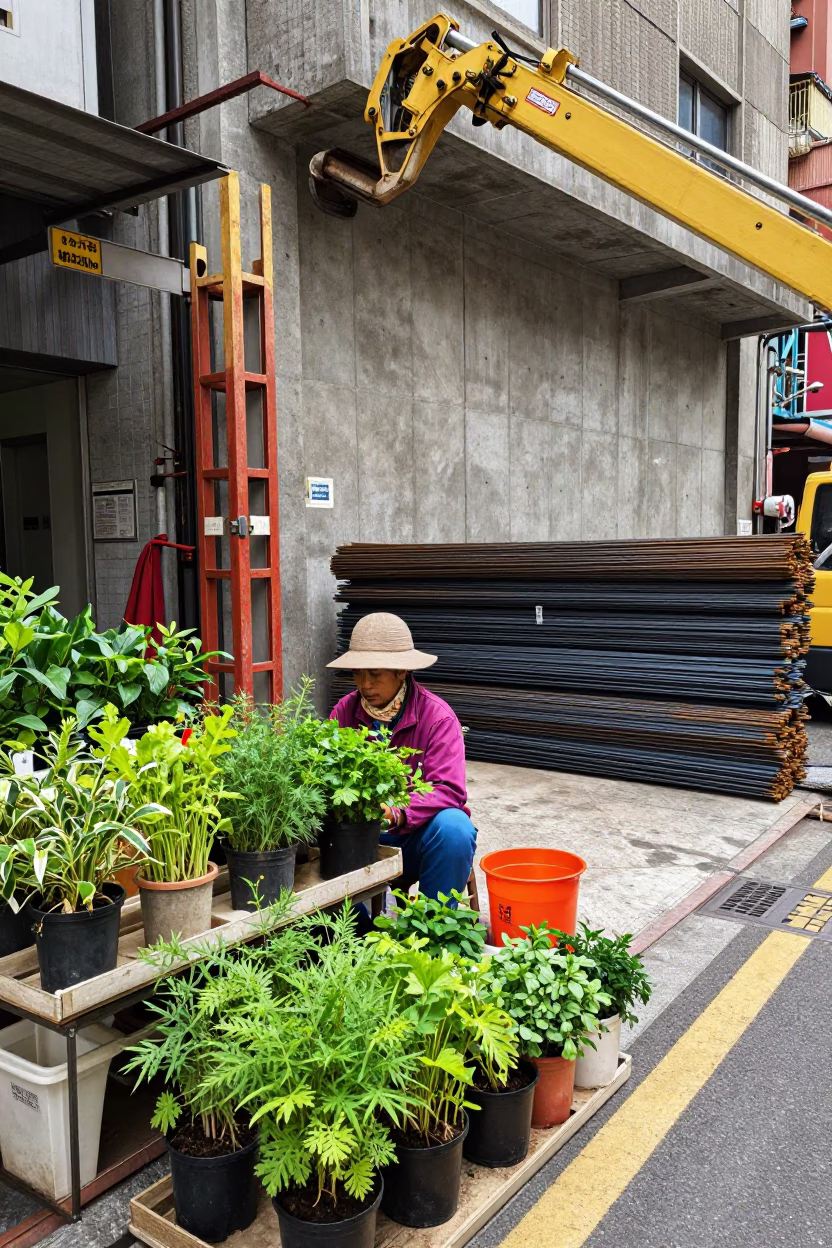 Midday Street Scene in Taipei Taiwan with Potted Herbs and Construction Site in in Taipei, Taiwan