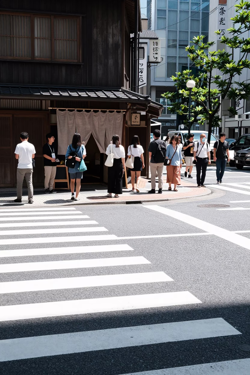Midday street scene in Tokyo Japan with pedestrian crossing and urban architecture in in Tokyo, Japan