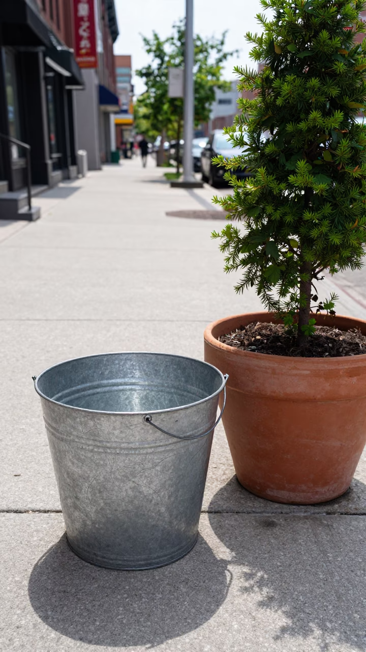 Midday Street Scene in Toronto Ontario with Plant Pot and Scratched Bucket on Sidewalk in in Toronto, Ontario, Canada