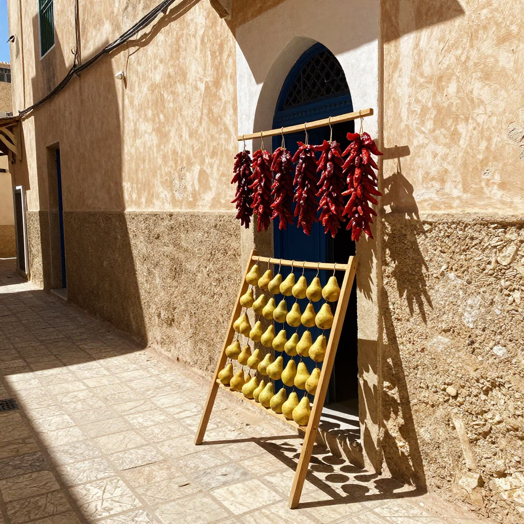 Midday Street Scene in Tunis Tunisia with Drying Rack and Pears in in Tunis, Tunisia