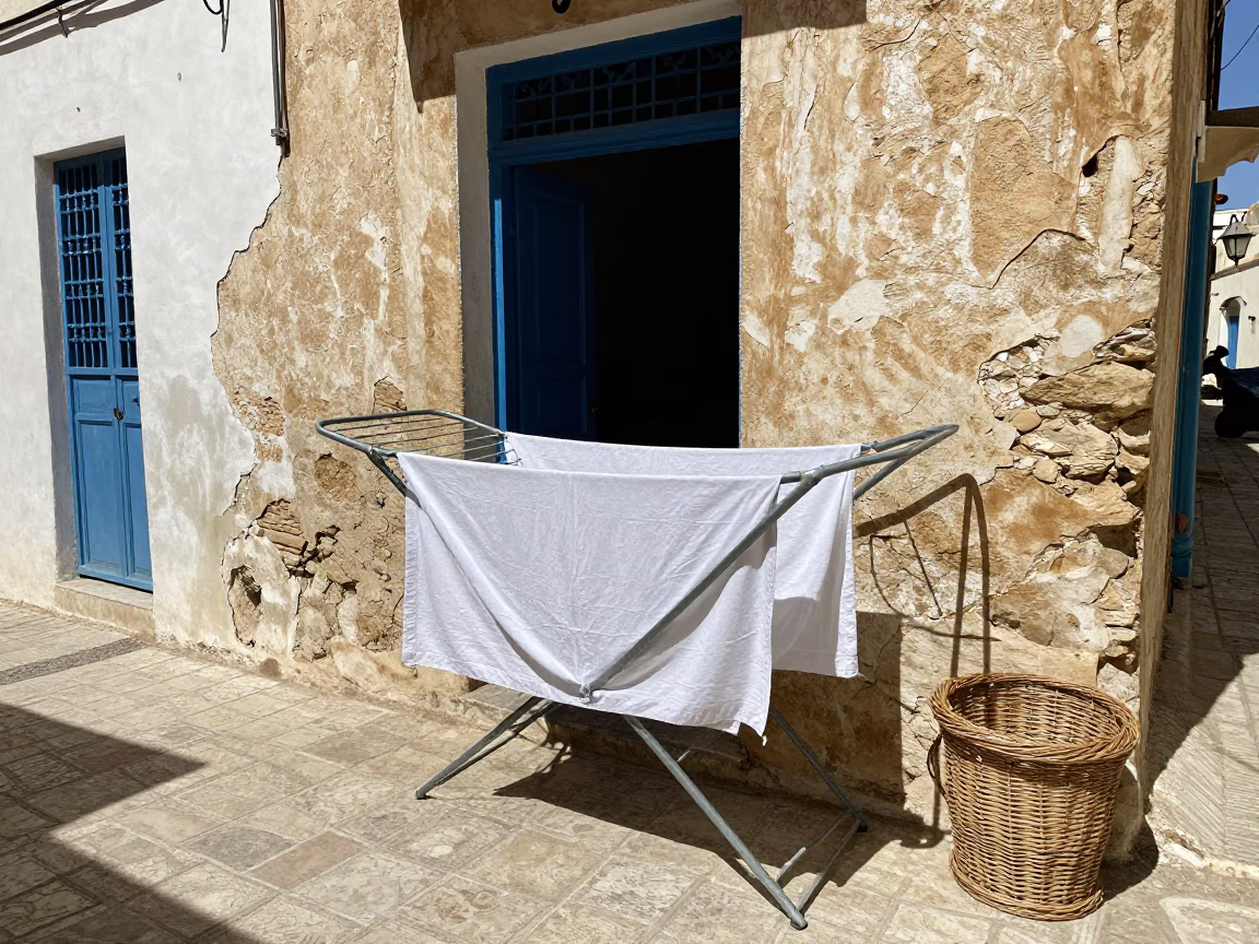 Midday Street Scene in Tunis Tunisia with Drying Rack and Wicker Shadows in in Tunis, Tunisia
