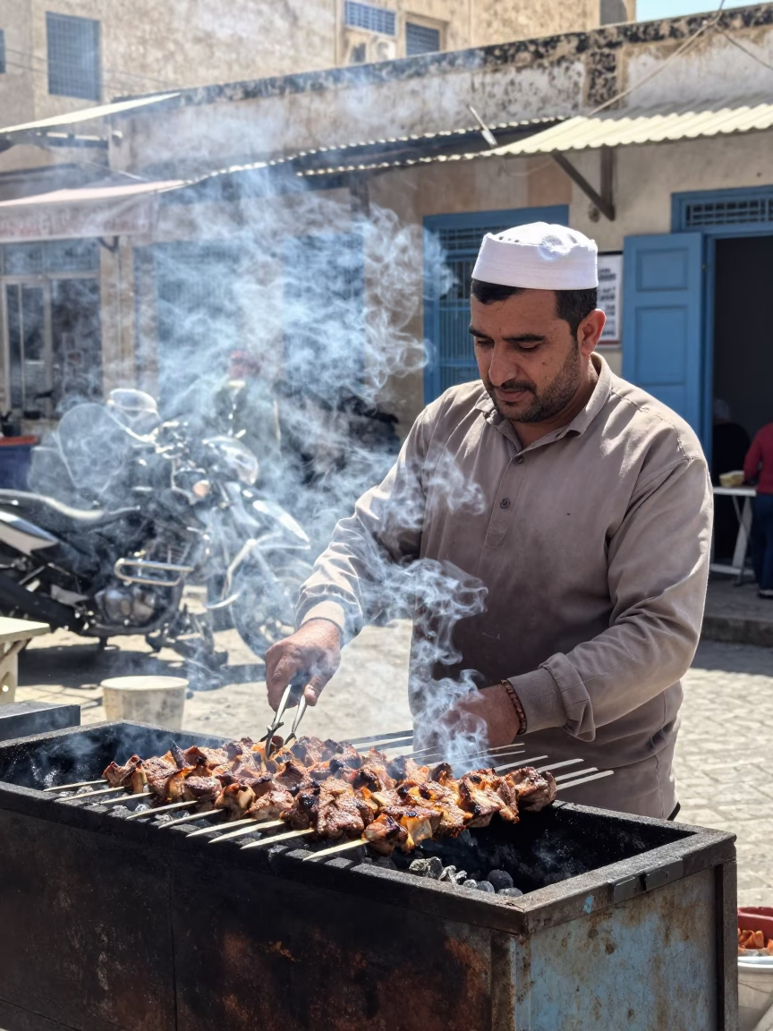 Midday Street Scene in Tunis Tunisia with Grilled Kebab and Vintage Folding Chair in in Tunis, Tunisia