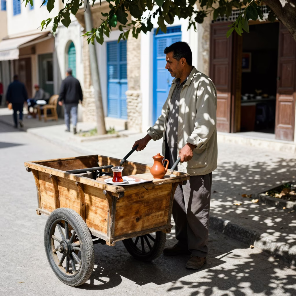 Midday Street Scene in Tunis Tunisia with Leaf Shadows and Tea Stains in in Tunis, Tunisia