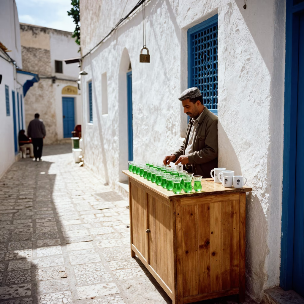 Midday Street Scene in Tunis Tunisia with Padlock and Coffee Mugs in in Tunis, Tunisia