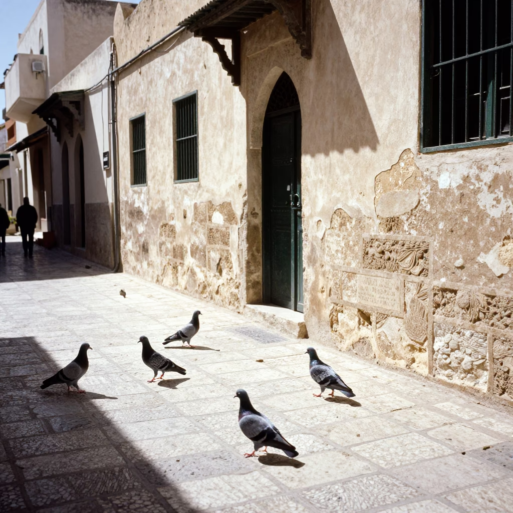 Midday Street Scene in Tunis Tunisia with Pigeons and Traditional Architecture in in Tunis, Tunisia