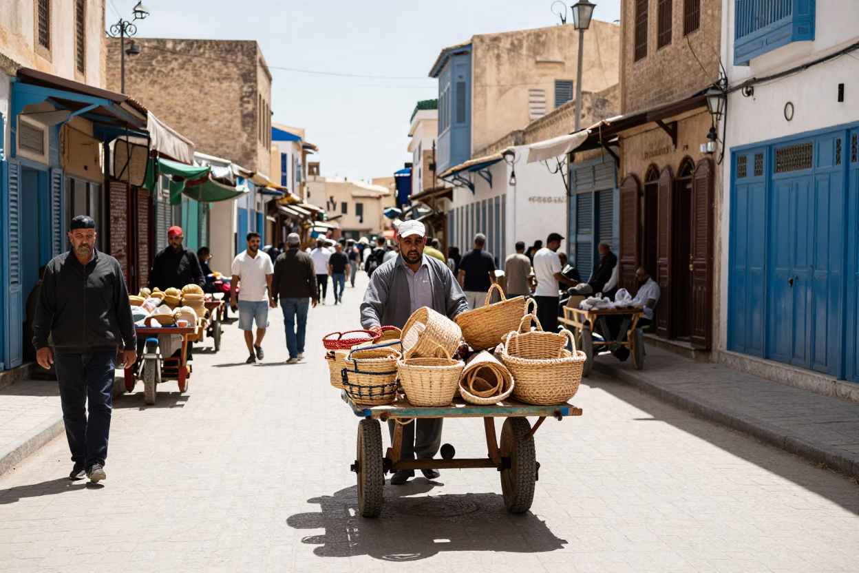 Midday Street Scene in Tunis Tunisia with Rolling Carts and Historic Architecture in in Tunis, Tunisia