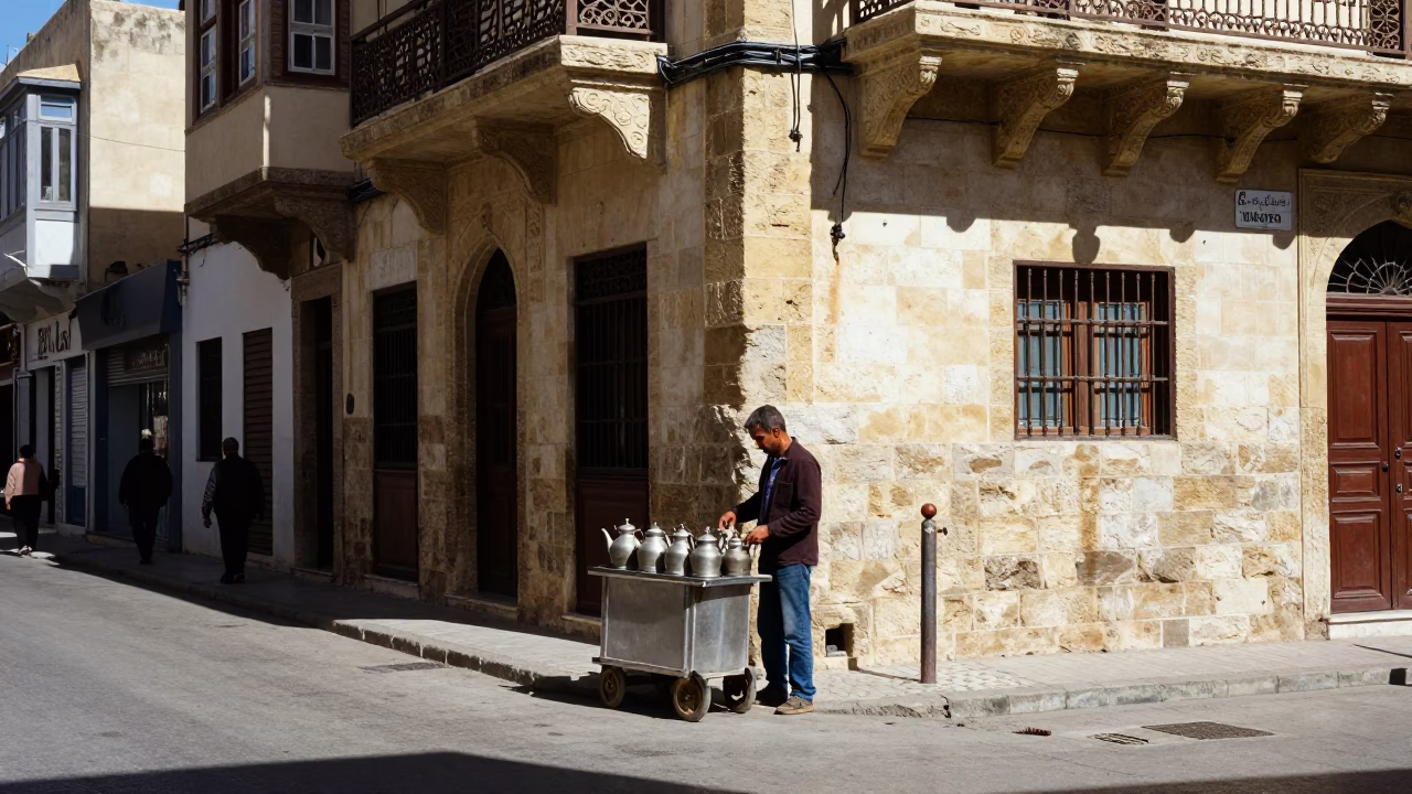 Midday Street Scene in Tunis Tunisia with Tea Kettles and Urban Activity in in Tunis, Tunisia