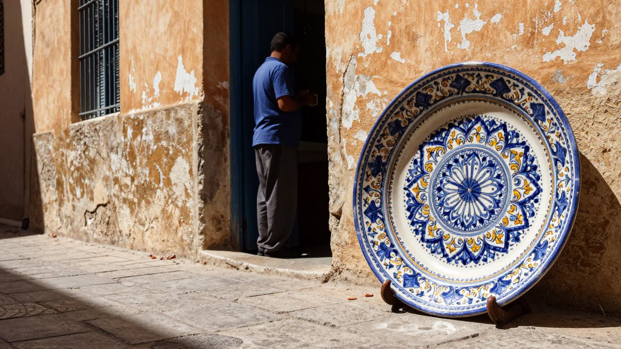 Midday Street Scene in Tunis Tunisia with Vintage Majolica Plate and Gardenia Bush in in Tunis, Tunisia
