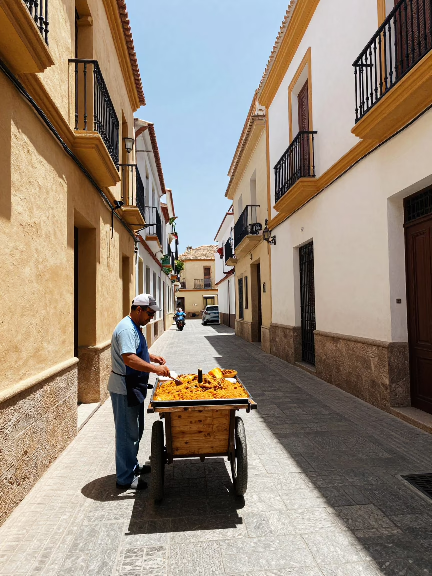 Midday Street Scene in Valencia Spain with Arroz Con Pollo in in Valencia, Spain