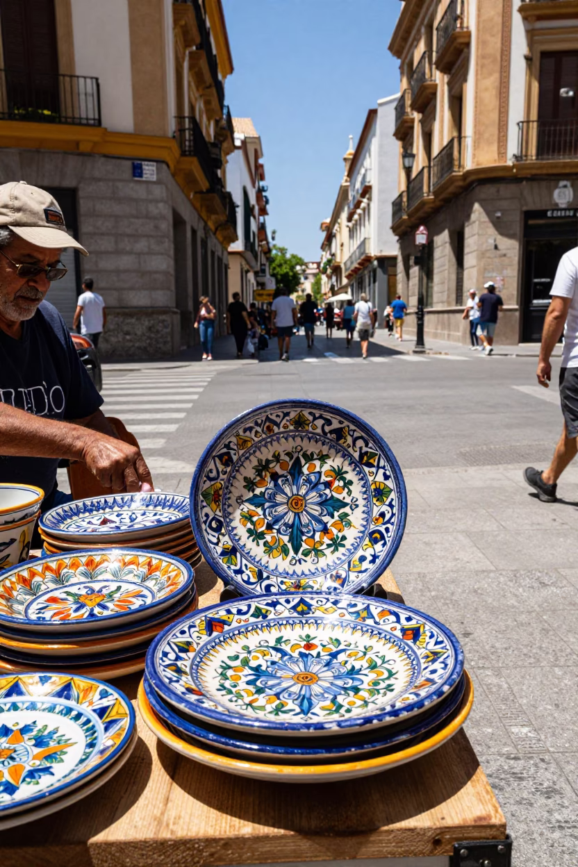 Midday Street Scene in Valencia Spain with Vintage Majolica Plate and Local Market Activity in in Valencia, Spain